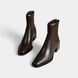 Дамски кожени ботуши до глезена с квадратен нос и блок ток