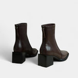 Дамски кожени ботуши до глезена с квадратен нос и блок ток