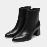 Дамски ботуши до глезена с остър нос и изкуствена кожа – блоков ток, страничен цип