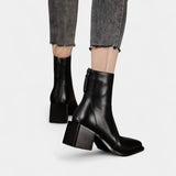 Дамски кожени ботуши до глезена с квадратен нос и блок ток
