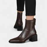 Дамски кожени ботуши до глезена с квадратен нос и блок ток