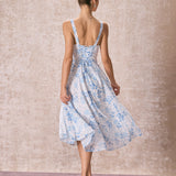 Renata | Virágmintás Középruha Kék Színben, Négyzetes Kivágással és Ráncolással