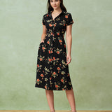 Glória | Fekete Virágos Midi Ruha