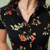 Glória | Fekete Virágos Midi Ruha