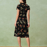 Glória | Fekete Virágos Midi Ruha