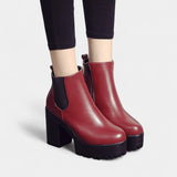 Дамски ботуши до глезена с закръглен нос и блоков ток, еластичен страничен панел