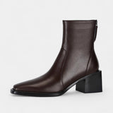 Дамски кожени ботуши до глезена с квадратен нос и блок ток