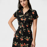 Glória | Fekete Virágos Midi Ruha