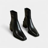 Дамски кожени ботуши до глезена с квадратен нос и блок ток