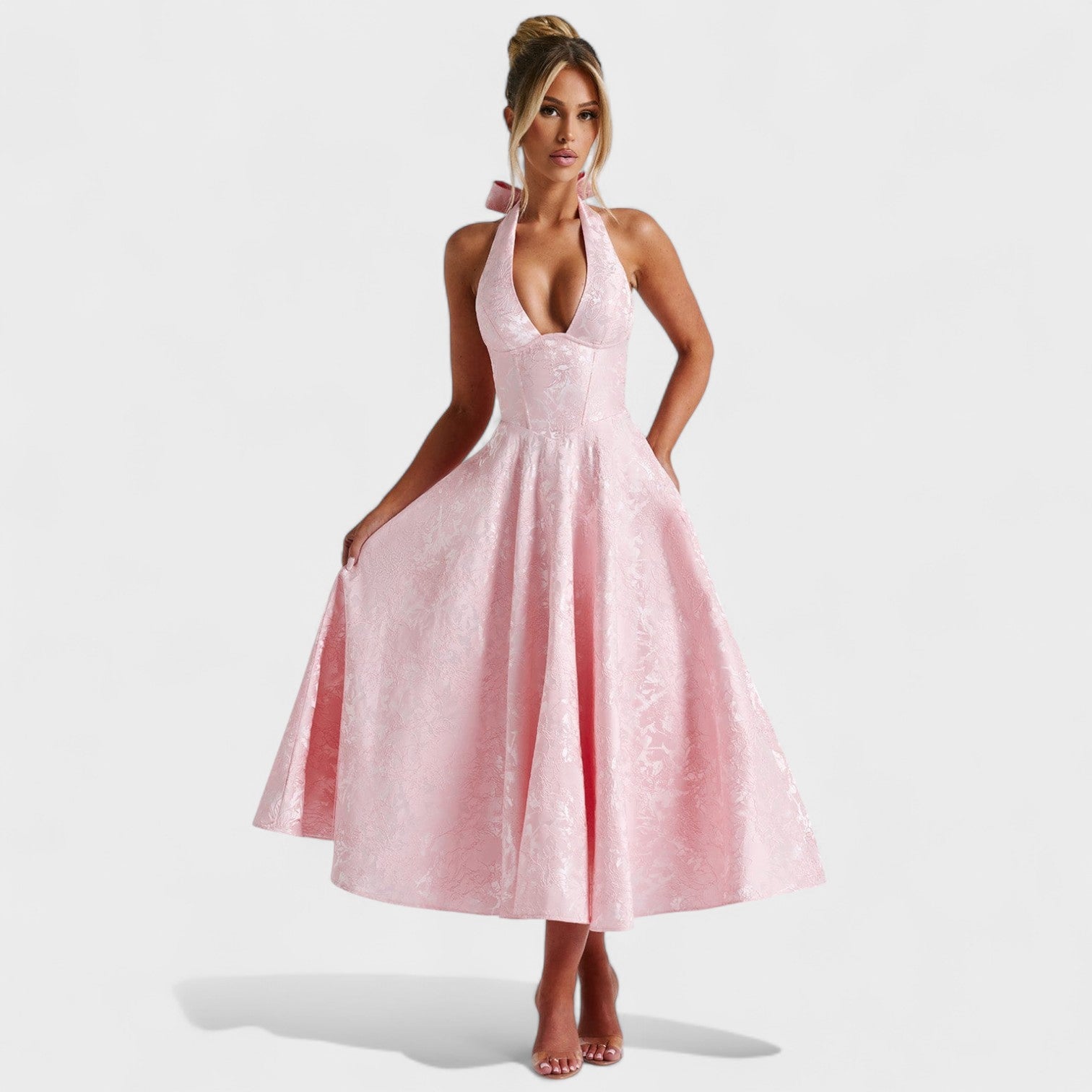 Effie - Texturált midi ruha V nyakkivágással