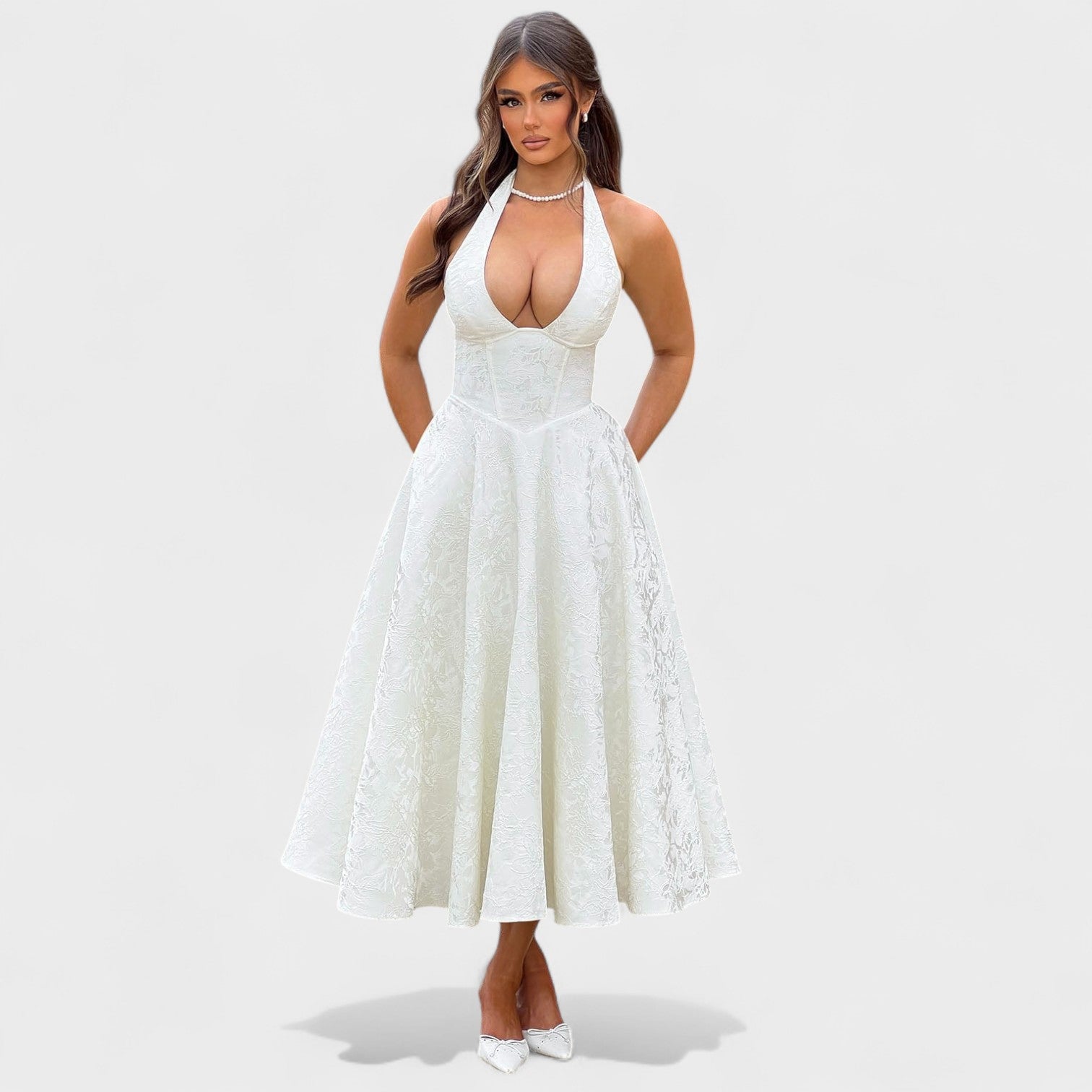 Effie - Texturált midi ruha V kivágással