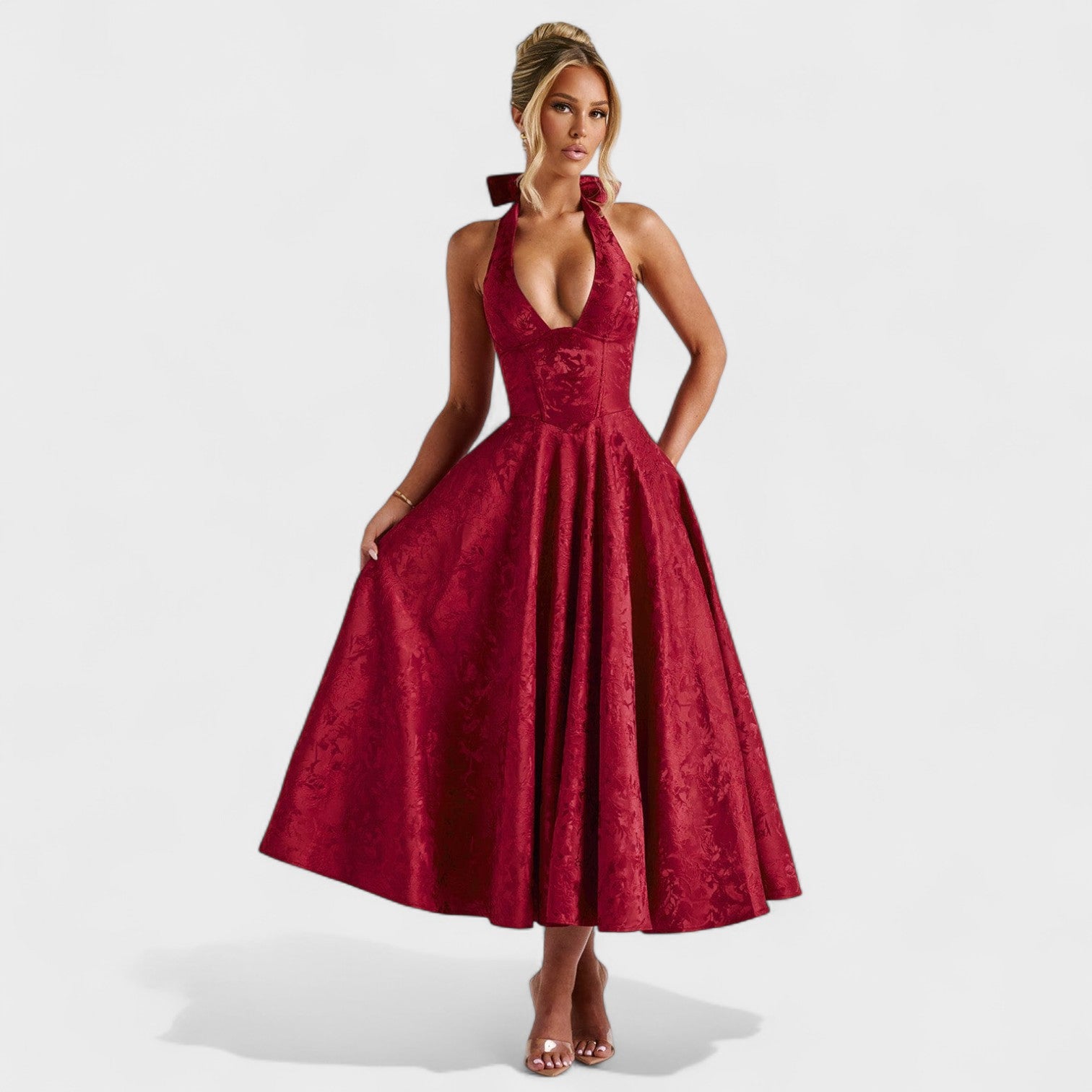 Effie - Texturált midi ruha V nyakkivágással