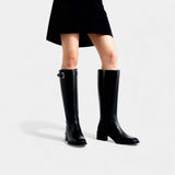 Дамски кожени ботуши до коляното с детайл на катарама – ботуши с блоков ток и цип