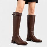 Дамски кожени ботуши до коляното с детайл на катарама – ботуши с блоков ток и цип