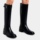 Дамски кожени ботуши до коляното с детайл на катарама – ботуши с блоков ток и цип