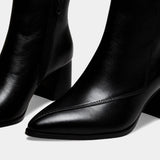 Дамски ботуши до глезена с остър нос и изкуствена кожа – блоков ток, страничен цип