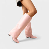 Дамски кожени ботуши до коляното с ръкави