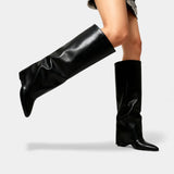 Дамски кожени ботуши до коляното с ръкави