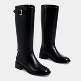 Дамски кожени ботуши до коляното с детайл на катарама – ботуши с блоков ток и цип