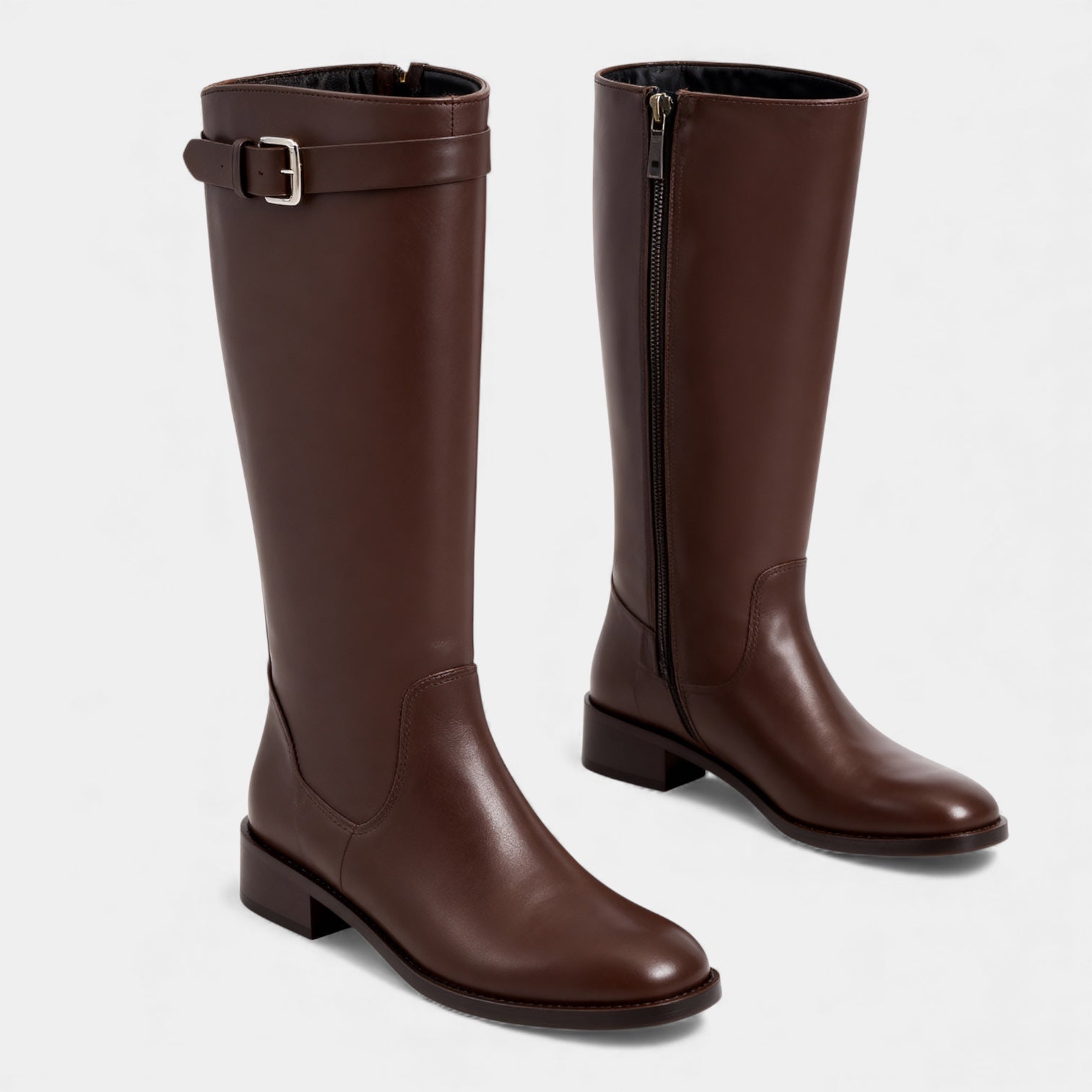 Дамски кожени ботуши до коляното с детайл на катарама – ботуши с блоков ток и цип