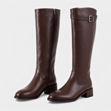 Дамски кожени ботуши до коляното с детайл на катарама – ботуши с блоков ток и цип