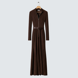 Катерина | Дълга кафява рокля с колан и преден цип