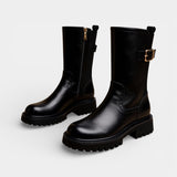 Дамски обувки до средата на прасеца от веганска кожа - детайл с катарама