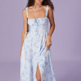 Renata | Virágmintás, négyzet alakú nyakú és ráncolt midi ruha kék színben