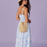 Renata | Virágmintás, négyzet alakú nyakú és ráncolt midi ruha kék színben