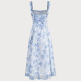 Renata | Virágmintás, négyzet alakú nyakú és ráncolt midi ruha kék színben