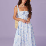 Renata | Virágmintás, négyzet alakú nyakú és ráncolt midi ruha kék színben