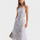 Clarice | Midi Kék Virágos Ruha Halter Dekorral