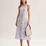 Clarice | Midi Kék Virágos Ruha Halter Dekorral