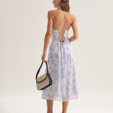 Clarice | Midi Kék Virágos Ruha Halter Dekorral