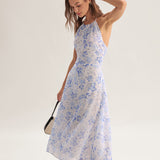 Clarice | Midi Kék Virágos Ruha Halter Dekorral