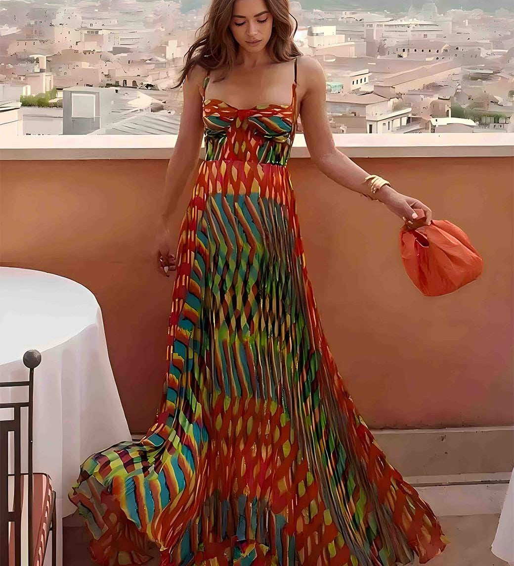 Aria | Ujjatlan, A-vonalú, Absztrakt Mintás Maxi Ruha